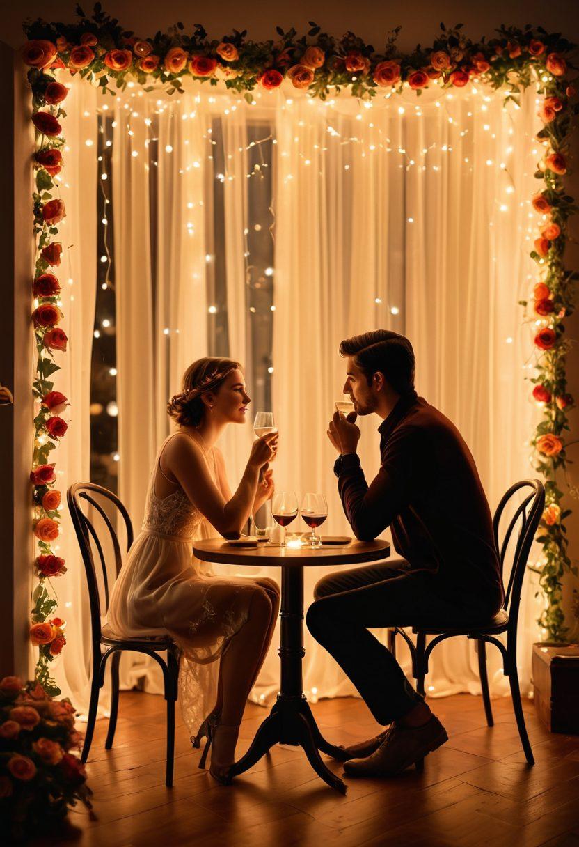 A cozy romantic setting featuring a sleek sound system surrounded by soft, glowing fairy lights. Include a couple enjoying music together, with expressive emotions of love and joy on their faces. Incorporate roses and a glass of wine to enhance the romantic atmosphere. The background should be softly blurred to focus on the couple and the sound system. warm colors, soft focus, super-realistic.