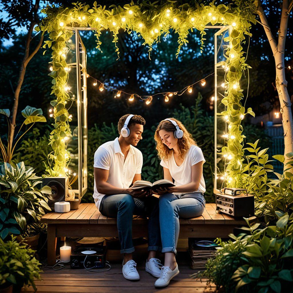 A cozy, romantic setting with a couple sharing intimate moments while listening to music on high-quality headphones, surrounded by lush greenery and soft lighting. The background features a vintage record player with beautiful vinyl records scattered around, symbolizing the essence of sound quality. Include heart-shaped musical notes drifting through the air, creating a warm and inviting atmosphere. vibrant colors. super-realistic.