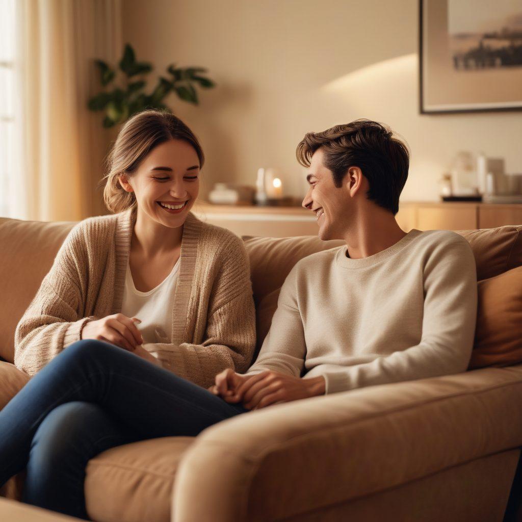 A cozy living room scene featuring a couple enjoying a romantic evening, surrounded by high-fidelity speakers discreetly placed for optimal sound. Soft lighting illuminates the space, casting a warm glow, while the couple shares a tender moment, perhaps listening to music or sharing a laugh. The rich textures of the room, like plush furniture and elegant decor, enhance the feeling of intimacy. super-realistic. warm tones. soft focus.